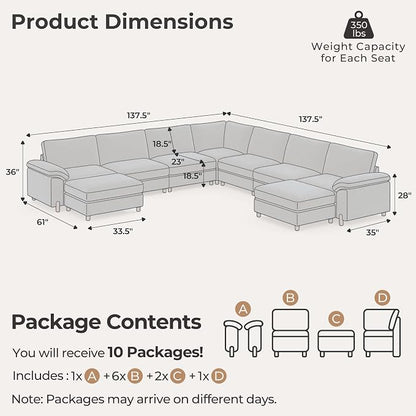 SITJOY Large Cloud Couch, 138" Wide 7 Seater V Shape, Chenille in Navy Blue | Detachable and Washable Chenille Cover Sectional Sofas for Living Room, Deep Seat Wide Couch with Chaise, Storage Ottoman