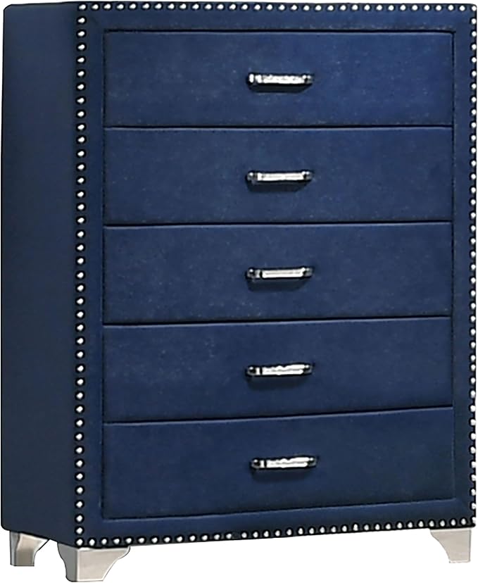 Coaster Home Furnishings Melody Modern Classic 5-Piece Bedroom Set Velvet Upholstered Queen Size Wingback Bed Frame 66-inch Headboard Pacific Blue 223371Q-S5