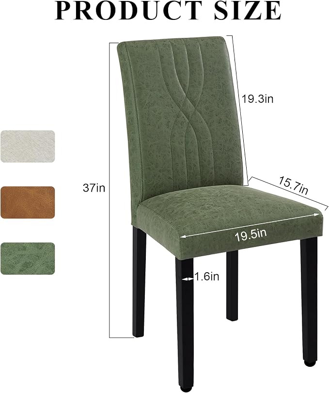 VECELO Upholstered Dining Chairs Set of 2, Modern PU Leather High Back Chairs with Solid Wood Legs and Adjustable Foot Pads for Kitchen and Living Room, Green