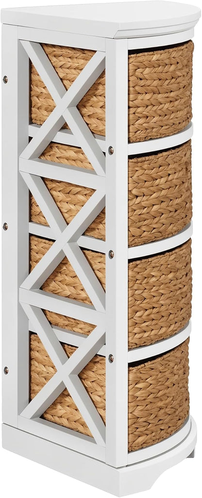 eHemco Hampton Meadows 4 Tier X-Side Corner Table Storage Cabinet, White | 4 Wicker Baskets