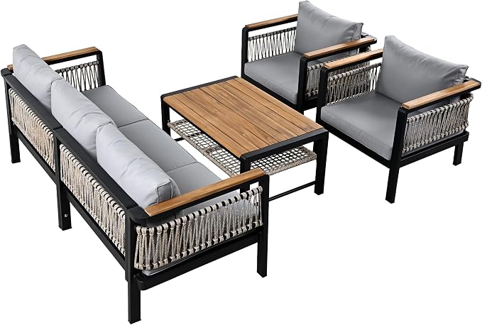 VilroCaz 4 Pieces Outdoor Sectional Sofa Set, All-Weather Patio Seating Group Cnversation Set with Cushions and Coffee Table for Patios Gardens Balcony, Sturdy Steel Frame (Grey+Metal & Wood)