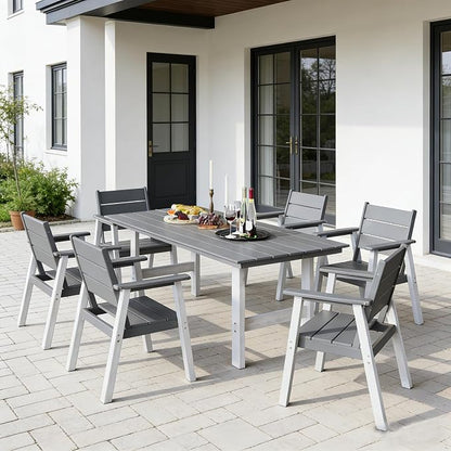 Outdoor Dining Set for 6, 7-Piece Patio Table and Chairs Set, HDPE Outdoor Dining Table and Chairs with Umbrella Hole, All-Weather Dining Furniture Set,White Grey