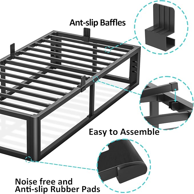 Bilily Metal Heavy Duty 14 inch Twin Bed Frame with Rounded Corner and Headboard Hole Mattress Retainers 3500 LBS No Box Spring Needed Platform Noise Free Easy Assembly