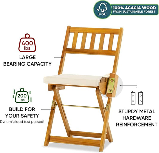 IDZO Heavy Duty 400lbs Capacity Patio Bistro Sets, 3 Piece Outdoor Folding Chairs with Cushions and Square Table, FSC-Certified Acacia Wood, Space-Saving Design for Balcony, Garden and Porch