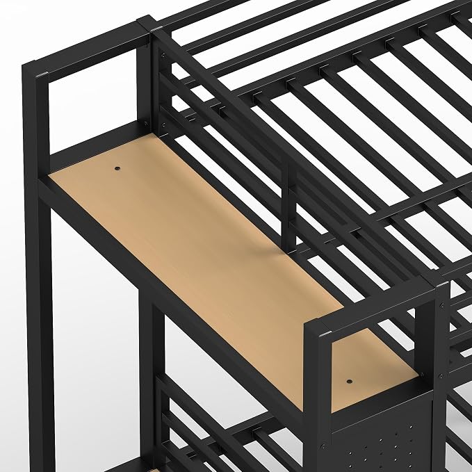 DNYN Twin XL Over Twin XL Metal Bunk Bed with 2 Drawers and Built-in Wardrobe for Teens Bedroom/Dorm/Staff Housing, Space-Saving Bed Frame with Storage Shelves and Pegboard, No Box Spring Needed