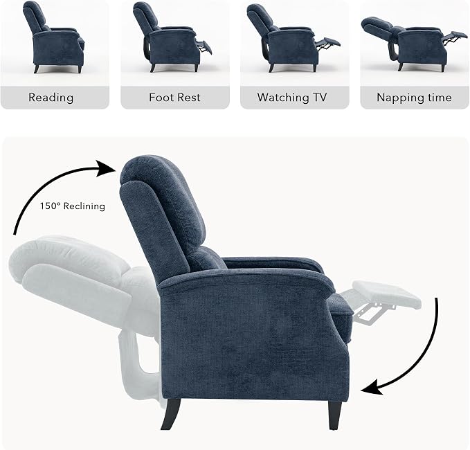 VKNOW Recliner Chair, Fabric Recliner with Soft Armrest, Home Theater Seating with Adjustable Push Back and Lumbar Support, Single Sofa for Adults, Lounge Chair for Living Room, Bedroom（Blue）