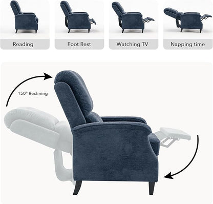 VKNOW Recliner Chair, Fabric Recliner with Soft Armrest, Home Theater Seating with Adjustable Push Back and Lumbar Support, Single Sofa for Adults, Lounge Chair for Living Room, Bedroom（Blue）