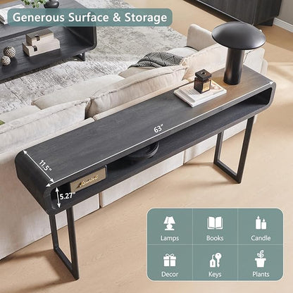 IFGET 63-Inch Long Console Table, 31.5" Tall Modern Entryway Table with Open Storage Shelf, Curved Profile Design, Narrow Wood Sofa Table Behind Couch Table for Living Room, Hallway, Foyer, Dark Grey