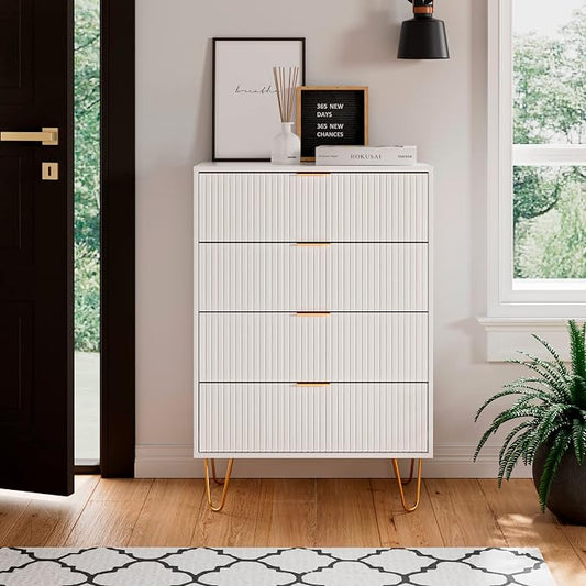 Masupu 4 Drawer Dresser, Drawer Chest, Tall Storage Chest Cabinet Organizer Unit with Metal Legs, Small Dresser for Bedroom, Living Room, Closet, Hallway White Stripe