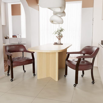 LEEMTORIG Set of 2 Large Dining Chairs with Casters and Arm, Rolling Dining Chairs with Wheels, Poker Table Chairs, Boss Caption's Chairs, 26"D x 25.2"W x 31.5"H, Espresso Legs & Wine Red, XXY-1910-WR