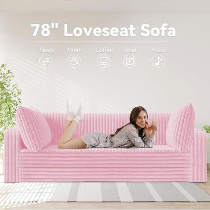 HABUTWAY 78" Loveseat Boneless Couch, 4-in-1 Convertible Sofa Bed, Plush Fur Folding Futon Sofa Bed Couches with 2 Pillows for Living Room, High-Density Foam Support, No Assembly Required, Pink