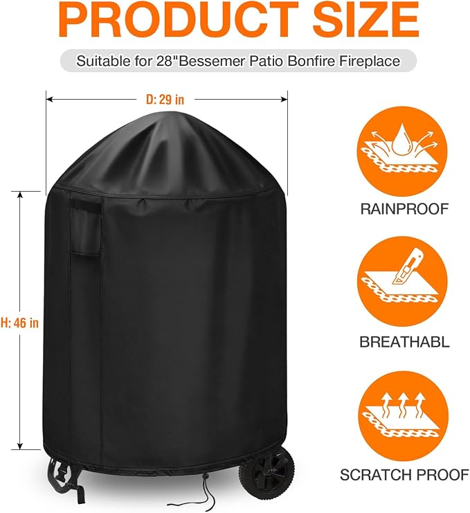 POMER Patio Bonfire Fireplace Cover, Round Fire Pit Cover for 28 Inch Outdoor Fireplace Waterproof Heatwave Fire Bowl Cover - 28" D x 46" H