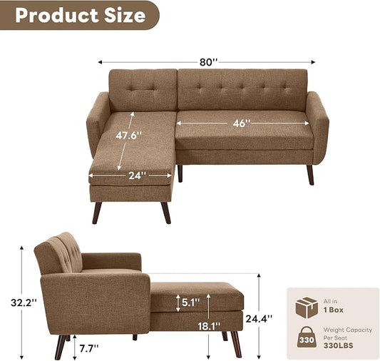 Tbfit L Shaped Couch Sofa, 80" W Mid-Century Modern Sectional Couches, 3 Seater Sofas with Wide Chaise Lounge, Button Tufted Upholstered Sectional Sofa for Living Room, Bedroom, Brown