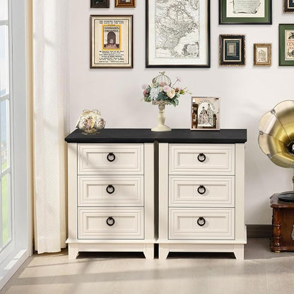 Joaxswe Farmhouse Night Stand Set of 2, 18" End Table with 3 Drawer Metal Handle, Dresser for Bedroom, Sofa Bed Side Table Chest of Drawers,Wood Nightstand Cabinet for Organizer, Living Room-White