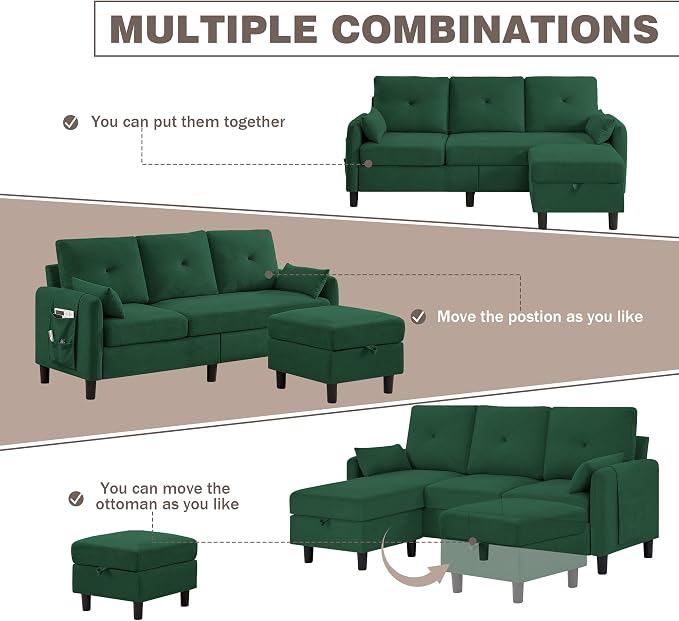 Convertible L-Shaped Sectional Sofa, 3-Seat Sofa Couches with Storage Ottoman & 2 Pillows and Side Storage Pockage, Small Modern Couch for Living Room, Apartment and Office, Green