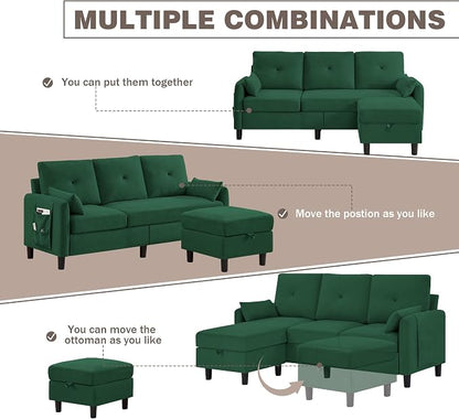 Convertible L-Shaped Sectional Sofa, 3-Seat Sofa Couches with Storage Ottoman & 2 Pillows and Side Storage Pockage, Small Modern Couch for Living Room, Apartment and Office, Green