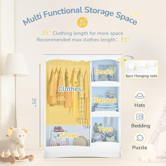 Curipeer Kids Dress Up Storage with Flower Mirror, Open Hanging Closet Wardrobe for Children, Kids Armoire & Costume Organizer for Bedroom Playroom Preschools Classroom, White