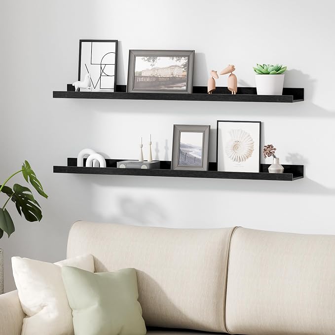 upsimples Floating Shelves for Wall, 35.5 Inch Shelves for Decor Storage Set of 6, Wall Mounted Wood Shelf for Bedroom, Living Room, Bathroom, Kitchen, Long Picture Ledge Shelves, Black