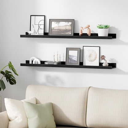 upsimples Floating Shelves for Wall, 35.5 Inch Shelves for Decor Storage Set of 6, Wall Mounted Wood Shelf for Bedroom, Living Room, Bathroom, Kitchen, Long Picture Ledge Shelves, Black