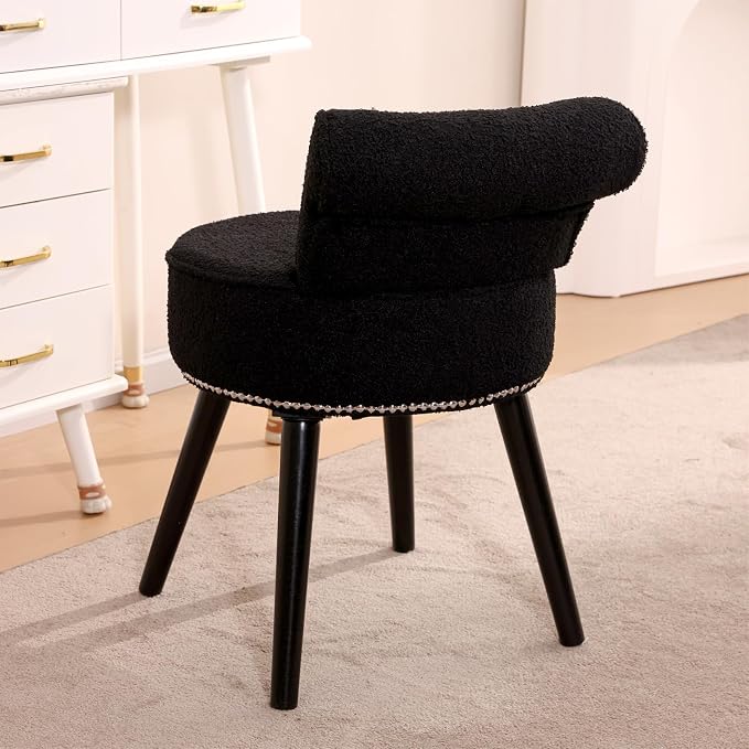 Vanity Chair with Back, Sherpa Stool with Tufted Backrest & Sliver Nailhead Trim, Round Vanity Seat for Bedroom and Bathroom Makeup, Support 220lbs, Easy Assembly (Teddy Black)