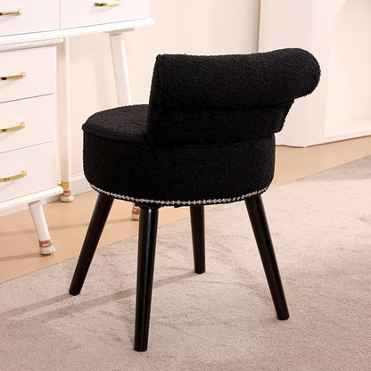 Vanity Chair with Back, Sherpa Stool with Tufted Backrest & Sliver Nailhead Trim, Round Vanity Seat for Bedroom and Bathroom Makeup, Support 220lbs, Easy Assembly (Teddy Black)