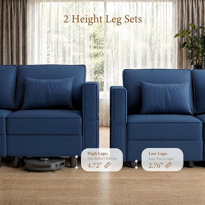 Vesgantti Sectional Sleeper Sofas with Storage, 92" Sofa Bed with 6 Seats Storage Chaises Removable Cover, Deep Seat Modular Couches Velvet Couch Set for Living Room, Apartment, Home Theater, Blue