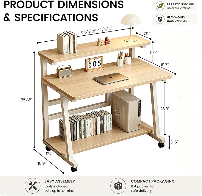 31.5 Inch Compact Rolling Computer Desk with Tier Worktable & Lockable Wheels, Small Computer Desk, Small Desk for Bedroom, Mobile Writing Workstation Easy Assembly for Home Office Small Spaces