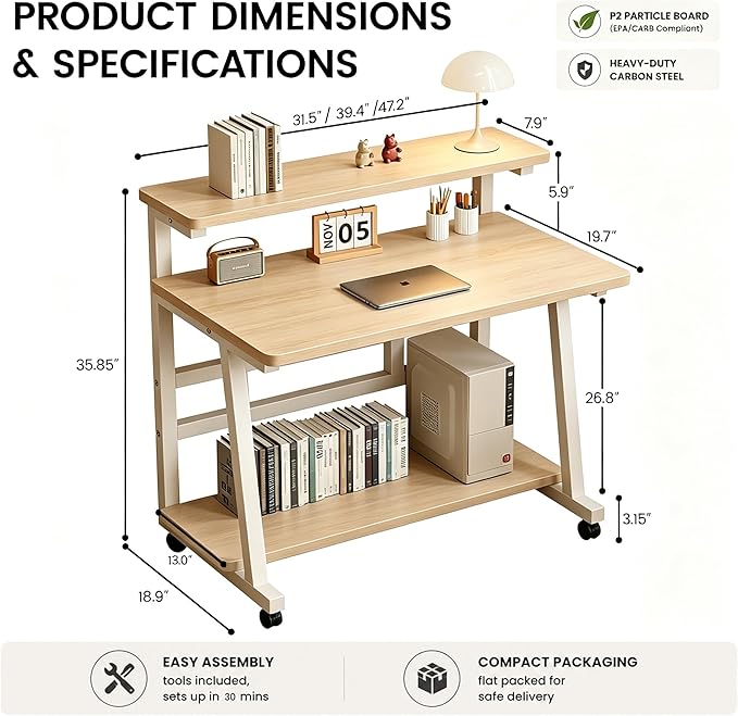 47.2 Inch Compact Rolling Computer Desk with Tier Worktable & Lockable Wheels, Small Computer Desk, Small Desk for Bedroom, Mobile Writing Workstation Easy Assembly for Home Office Small Spaces