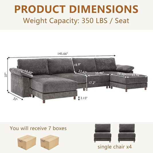 Oversized L Shaped Sectional Couch for Living Room, Extra Large Deep Seat Modular Sectional Sofa with Washable Covers, Modern Cloud Couch for Apartment, Bedroom (Gray, U Shape 6 Seat)