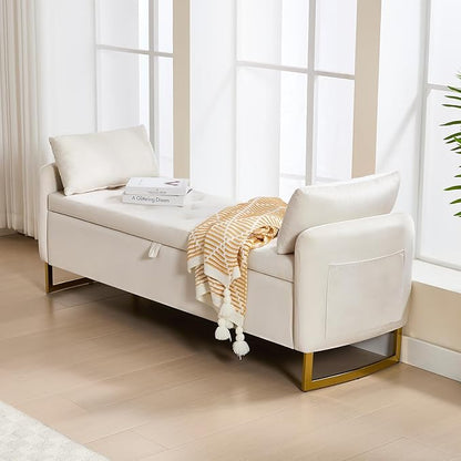 65" End of Bed Storage Bench, Velvet Storage Bench for Bedroom, Bed Bench with Storage, Tufted Upholstered and Gold Legs, Bedroom Benches with Arms for Living Room Window and Entryway Beige