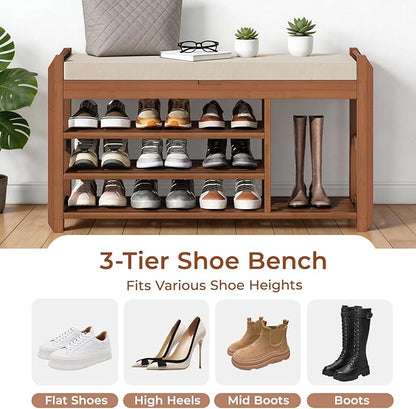 39.4" Bamboo Shoe Bench with Cushion, 6 Hooks Coat Rack, 3-Tier Adjustable Storage Bench for Entryway, Heavy Duty Shoe Rack Organizer with Removable Soft Cushion for Living Room Bedroom Hallway