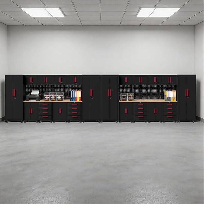 Garage Storage Cabinet System, 24PCS Garage Cabinets and Storage System Workshop Set with Red Cabinet, Cabinet Drawers, Workbench, Pegboard for Tool Organization,Red Handle