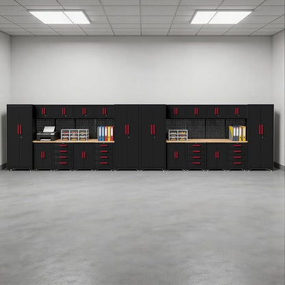 Garage Storage Cabinet System, 24PCS Garage Cabinets and Storage System Workshop Set with Red Cabinet, Cabinet Drawers, Workbench, Pegboard for Tool Organization,Red Handle
