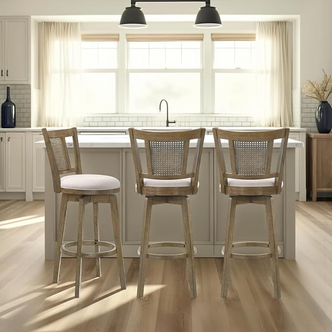 Armen Living Isla 26 in. Putty Brown Counter Height Rubberwood Swivel Barstool with Cream Fabric Seat - Set of 4