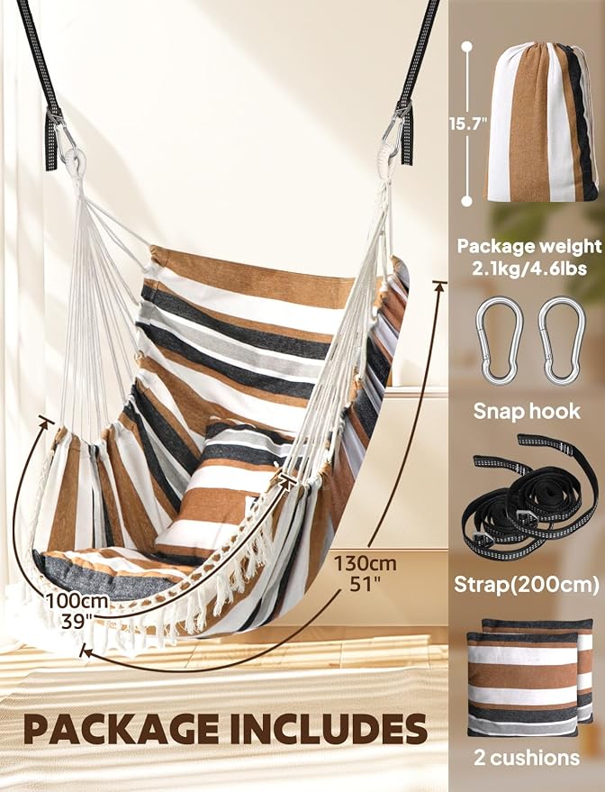 Chihee Hammock Chair Hanging Swing 2 Pillows Included,Strong Webbing Straps and Hooks for Easy Hanging Soft Cotton Hanging Chair Side Pocket Tassel Chair Comfort Indoor Outdoor Brown Stripes