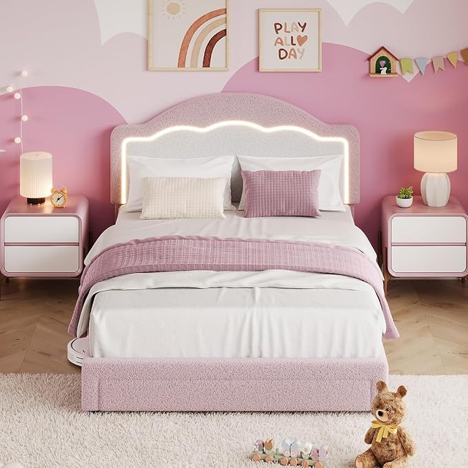 IDEALHOUSE Full Bed Frame with LED Headboard and Under-Bed Drawer, Boucle Fabric Upholstered Platform Bed with LED Light for Kids, Girls, Wooden Slats Support, No Box Spring Needed, Pink