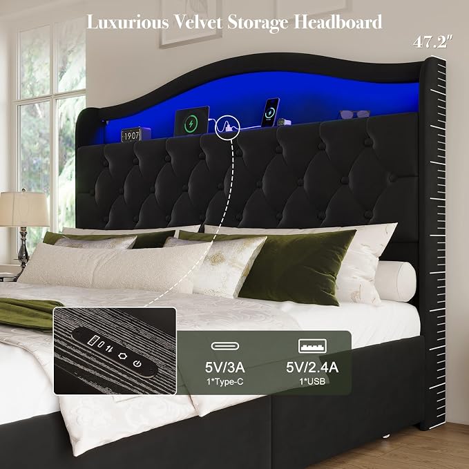 Queen Size Bed Frame and Headboard & 4 Storage Drawers, Upholstered Platform Bed Frame with RGB LED Lights & Charging Station, No Box Spring Needed, Easy Assembly, Noise-Free, Black