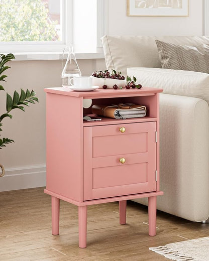 Nightstand, Boho Night Stand with 1 Drawers, Modern Side Accent Table with Open Shelf, Wooden Top Bedside End Table for Bedroom, Living Room, Pink
