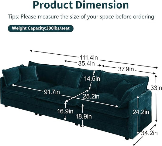 GNIXUU 111.5“ Chenille Modular Sectional Sofa with Movable Ottoman, Comfy Cloud Couch, Deep Seat, 3 Seater Sectional Couches for Living Room, Apartment, Office(Blue)