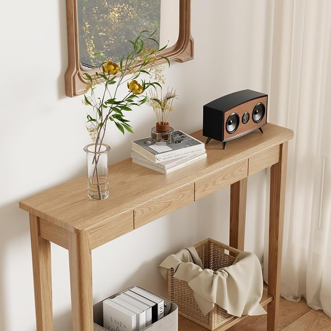 AQIMUELE Wood Console Table with Drawers, Walnut