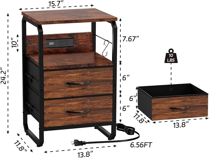 runjuly LED Nightstand, Bedside Table with Storage, End Table with Drawers & Hooks, Small Table with Charging Station, AC Outlets, USB-C Ports, Night Stand Table for Bedroom, Dorm, Rustic Brown