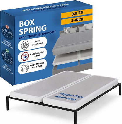 Greaton, Box Spring Bed Base Queen Size, 2-Inch Wood Mattress Foundation - Amish Made in USA – Quiet Noise Free, 2-Pieces Under Mattress-Support BoxSpring, Fully Assembled, White