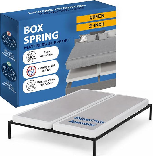 Greaton, Box Spring Bed Base Queen Size, 2-Inch Wood Mattress Foundation - Amish Made in USA – Quiet Noise Free, 2-Pieces Under Mattress-Support BoxSpring, Fully Assembled, White