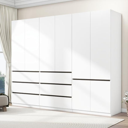 Armoire Wardrobe Closet with Drawers：75" Large White Wardrobe Closet Cabinet with 6 Doors for Hanging Clothes, Modern Wooden Bedroom Armoires with 6 Drawers and Storage (B+C+B, 94.5")