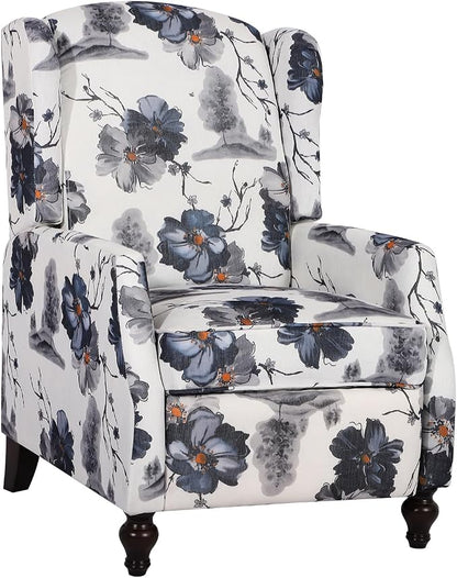 Upholstered Wingback Recliner Chair, Mid Century Modern Manual Push Back Recliner for Living Room, Bedroom (1, Blue Floral)