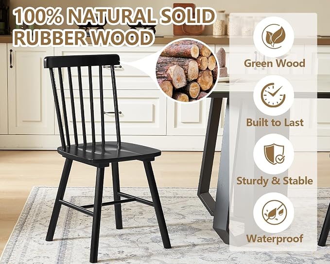 PrimeZone Windsor Dining Chairs Set of 8 - Solid Rubber Wood Farmhouse Kitchen Chair with Spindle Back, Mid-Century Modern Side Dining Chair for Dining Room, Kitchen & Restaurant, Black