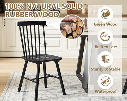 PrimeZone Windsor Dining Chairs Set of 2 - Solid Rubber Wood Farmhouse Kitchen Chair with Spindle Back, Mid-Century Modern Side Dining Chair for Dining Room, Kitchen & Restaurant, Black