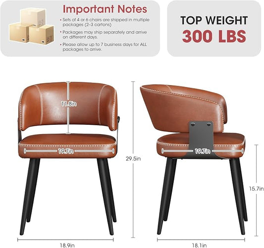 Dining Chairs Set of 6, Modern Upholstered PU Leather Kitchen & Dining Room Chairs with Curved Open Back Metal Legs, Kitchen Chairs for Dining Room Restaurant (Vintage Brown, Set of 6)