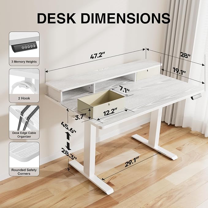 Veken 47x28 in Electric Standing Desk with Drawers, Adjustable Table, White | Stand up Computer Desk for Home Office, Work & Study, with Storage, 3 Memory Presets, Cable Organizer, Hook, and Quiet Lift.