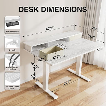 Veken 47x28 in Electric Standing Desk with Drawers, Adjustable Table, White | Stand up Computer Desk for Home Office, Work & Study, with Storage, 3 Memory Presets, Cable Organizer, Hook, and Quiet Lift.